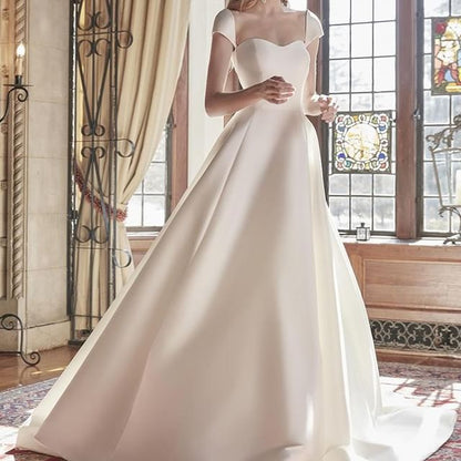 Cap-Sleeve Sweetheart Neckline Plain Trained A-Line Wedding Gown
