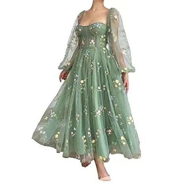 Long-Sleeve Floral Embroidered Open Back A-Line Evening Dress
