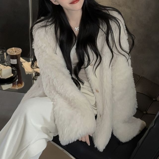 V-Neck Plain Fluffy Button Jacket / Drawstring Waist Wide Leg Pants