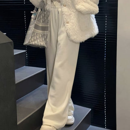 V-Neck Plain Fluffy Button Jacket / Drawstring Waist Wide Leg Pants
