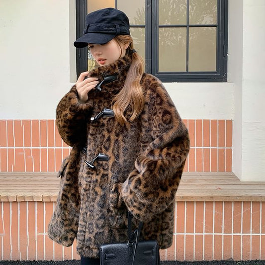 Leopard Print Faux Fur Single-Breasted Coat