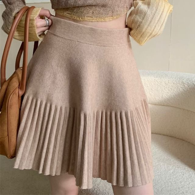 High Waist Plain Pleated Knit Mini A-Line Skirt