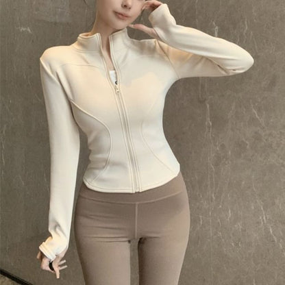 Stand Collar Plain Zip-Up Crop Jacket