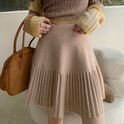 High Waist Plain Pleated Knit Mini A-Line Skirt