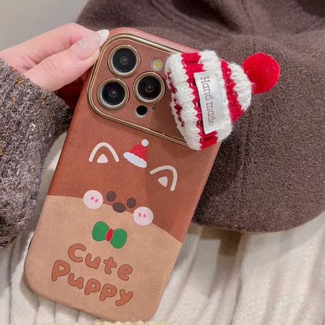 Christmas Dog Phone Case / Mini Knit Beanie Adhesive Decoration / Set - iPhone 16 Pro Max / 16 Pro / 16 Plus / 16 / 15 Pro Max / 15 Pro / 15 Plus / 15 / 14 Pro Max / 14 Pro / 14 Plus / 14 / 13 Pro Max / 13 Pro / 13 / 13 Mini