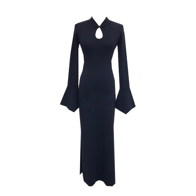 Long Sleeve Plain Keyhole Slit Maxi Qipao