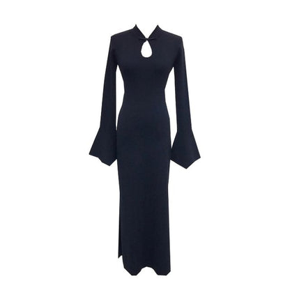 Long Sleeve Plain Keyhole Slit Maxi Qipao