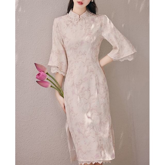3/4-Sleeve Floral Faux Pearl Midi Qipao / Ribbed Long Frog Button Cardigan