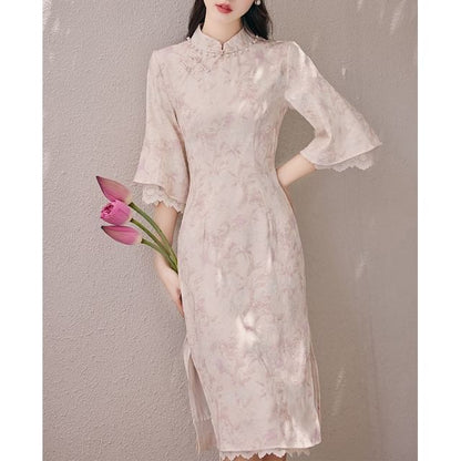 3/4-Sleeve Floral Faux Pearl Midi Qipao / Ribbed Long Frog Button Cardigan
