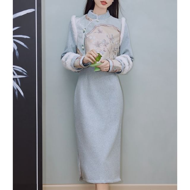 Mock Two-Piece Long-Sleeve Floral Fluffy Trim Midi Qipao