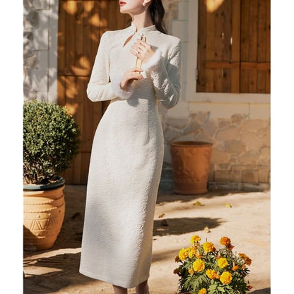 Long-Sleeve Fluffy Trim Midi Qipao / Tie Front Jacket