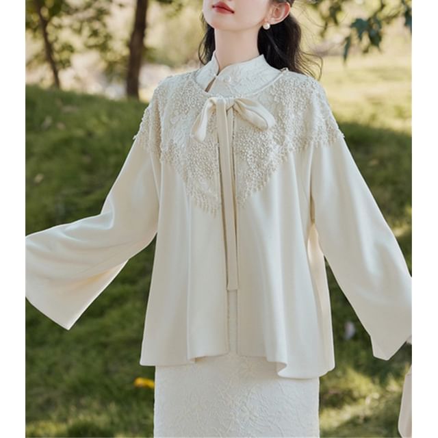 Long-Sleeve Fluffy Trim Midi Qipao / Tie Front Jacket