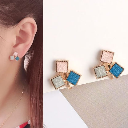 Square Faux Leather Alloy Stud Earring