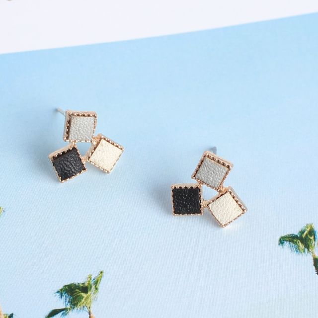 Square Faux Leather Alloy Stud Earring
