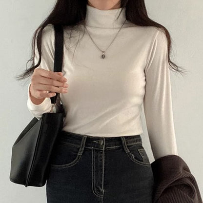 Long-Sleeve Mock Neck Plain T-Shirt