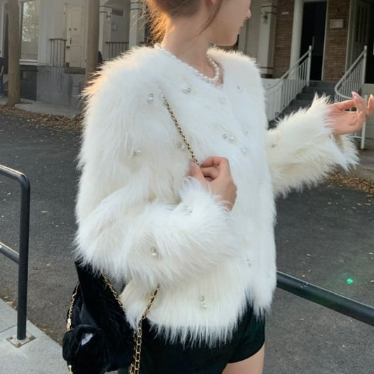 Crew Neck Faux Pearl Accent Fluffy Button-Up Crop Jacket