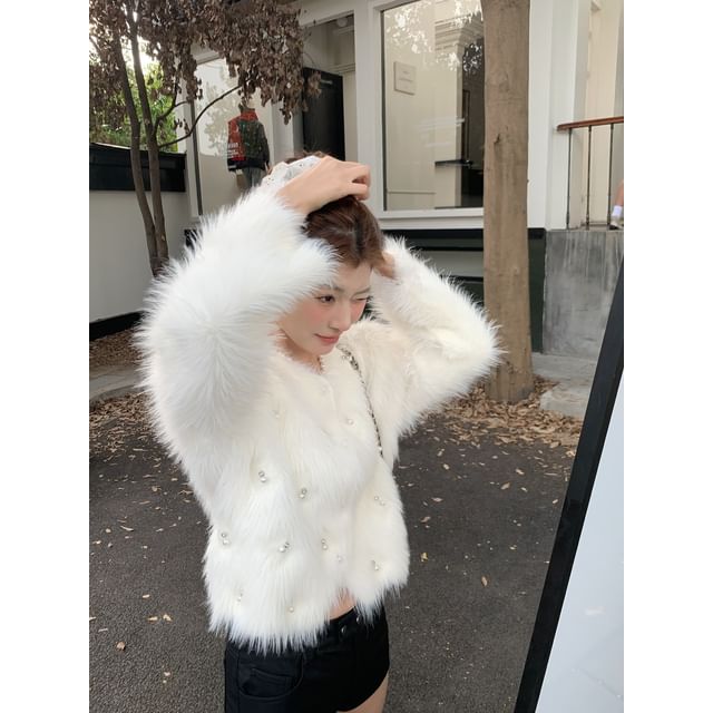 Crew Neck Faux Pearl Accent Fluffy Button-Up Crop Jacket