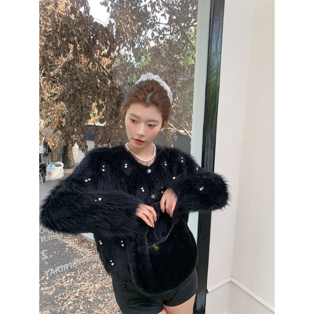 Crew Neck Faux Pearl Accent Fluffy Button-Up Crop Jacket