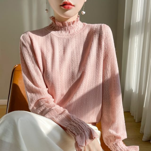 Stand Collar Frill Lace Top with Long Sleeves