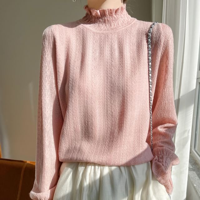 Stand Collar Frill Lace Top with Long Sleeves