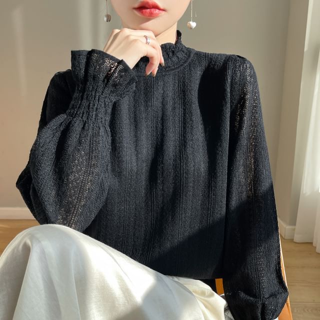Stand Collar Frill Lace Top with Long Sleeves