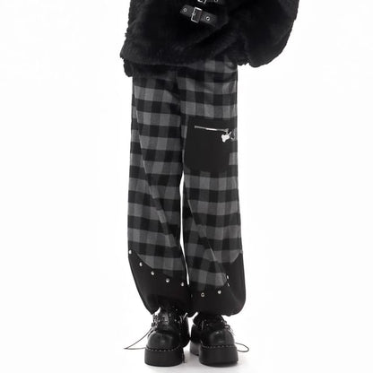 Drawstring Waist Plaid Panel Baggy Cargo Pants