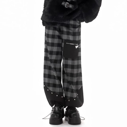 Drawstring Waist Plaid Panel Baggy Cargo Pants