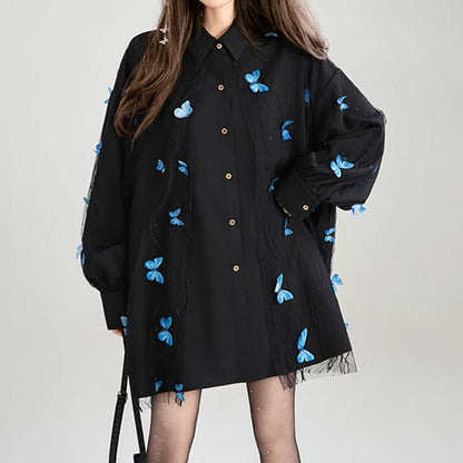 Oversized Collared Shirt with Butterfly Applique and Lace