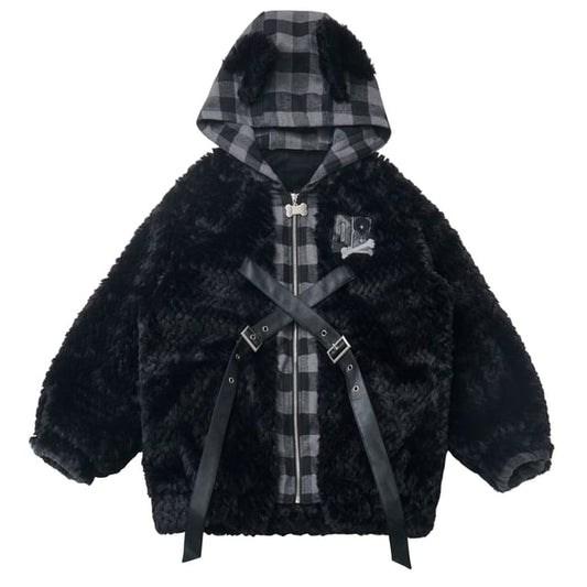 Plaid Numbering Applique Buckled Hood Panel Fluffy Zip Jacket