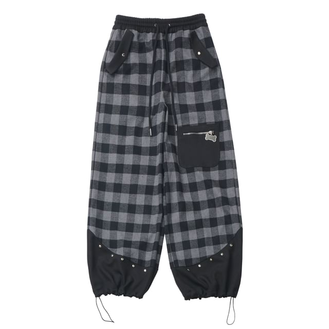 Drawstring Waist Plaid Panel Baggy Cargo Pants