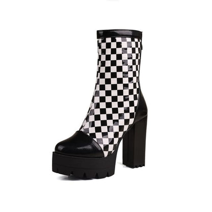 Block Heel Checkerboard Short Boots