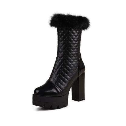 Block Heel Furry Trim Quilted Short Boots