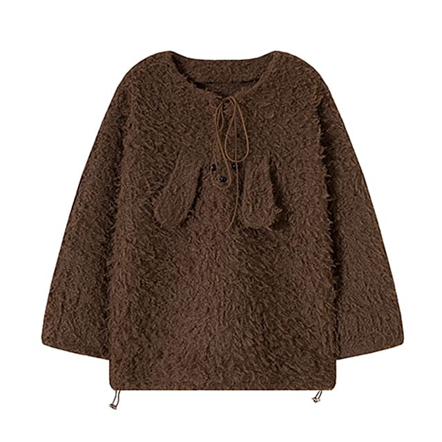 Crew Neck Sweater with Drawstring Lace-Up Front