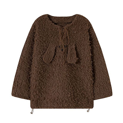Crew Neck Sweater with Drawstring Lace-Up Front