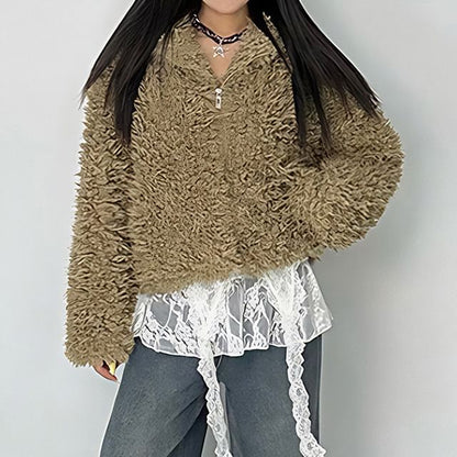 Plain Hood Zip Teddy Jacket