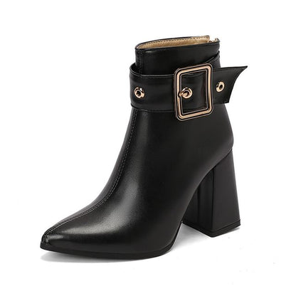 Short buckled Pointed Boots Heel Block