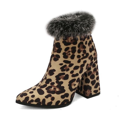 Block Heel Furry Trim Leopard Print Short Boots