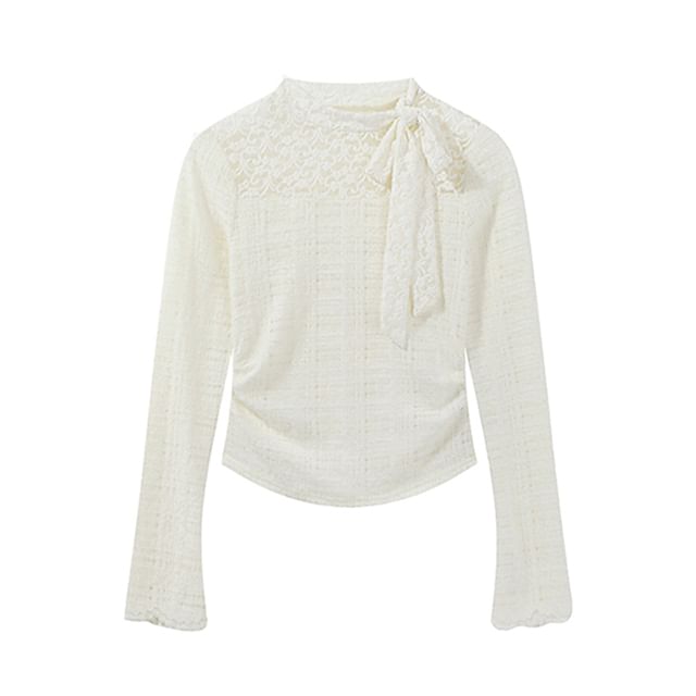 Mock Neck Tie-Up Lace Panel Top with Long Sleeves