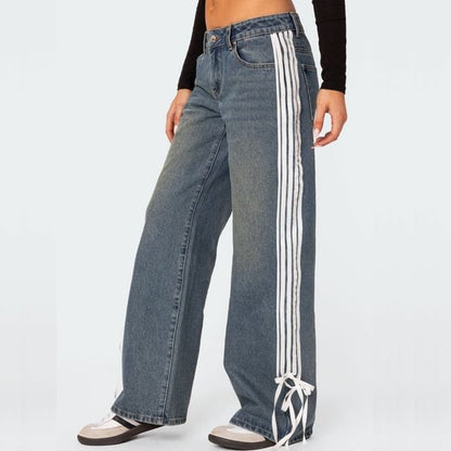 High Waist Washed Striped Bow Accent Straight-Fit Wide-Leg Jeans