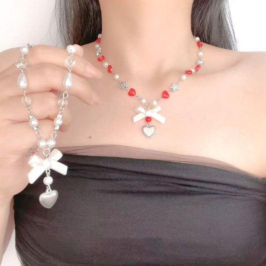 Bow Heart Faux Pearl Necklace