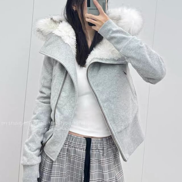 Furry Trim Hooded Zip-Up Jacket