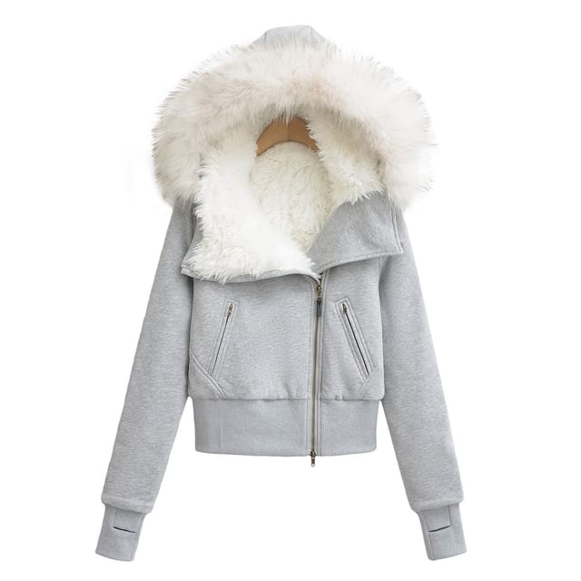 Furry Trim Hooded Zip-Up Jacket