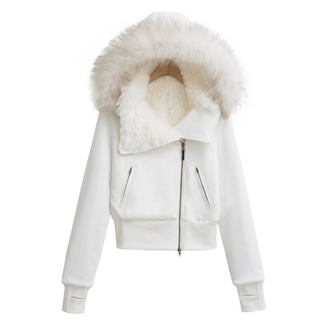 Furry Trim Hooded Zip-Up Jacket