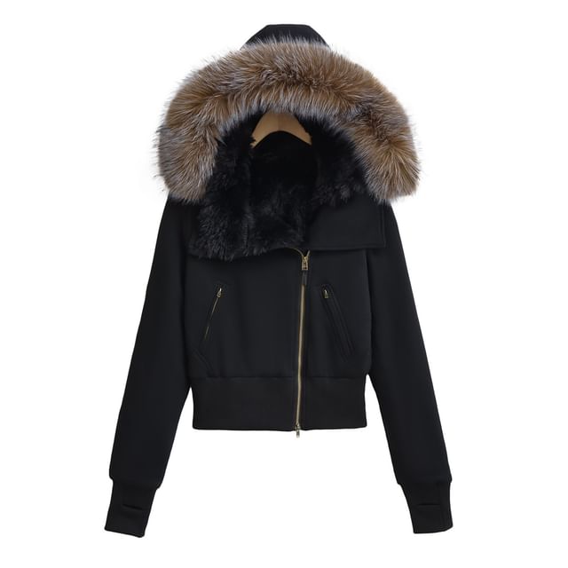 Furry Trim Hooded Zip-Up Jacket