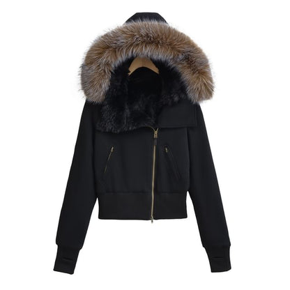 Furry Trim Hooded Zip-Up Jacket