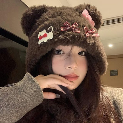 Bear Ear Bow Accent Fluffy Beanie