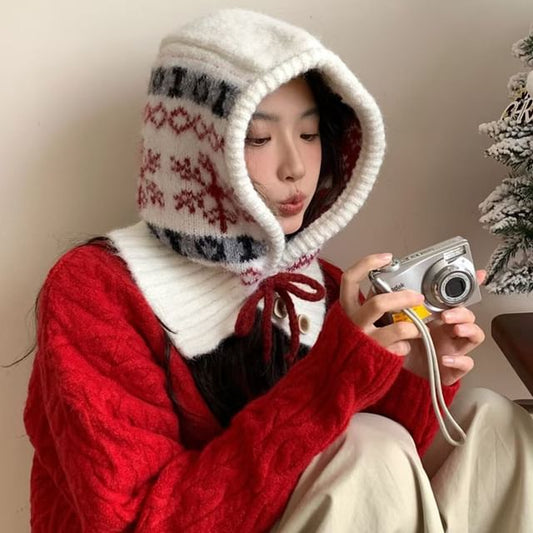 Snowflake Print Knit Balaclava