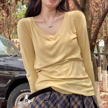 Long Sleeve V-Neck Plain Tee / Plain Long Cardigan / Mid Waist Plaid Mini Pleated Skirt
