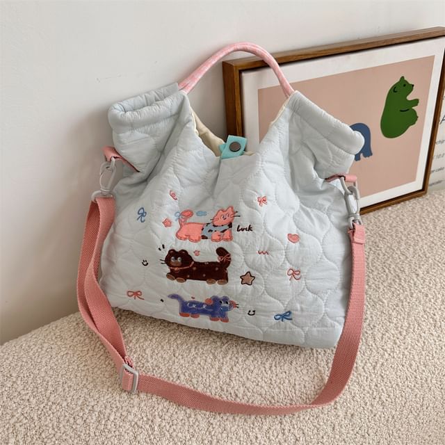 Cartoon Embroidered Heart Quilted Tote Bag