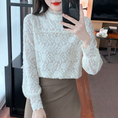 Mock Neck Blouse with Faux Pearl Accents and Frill Lace